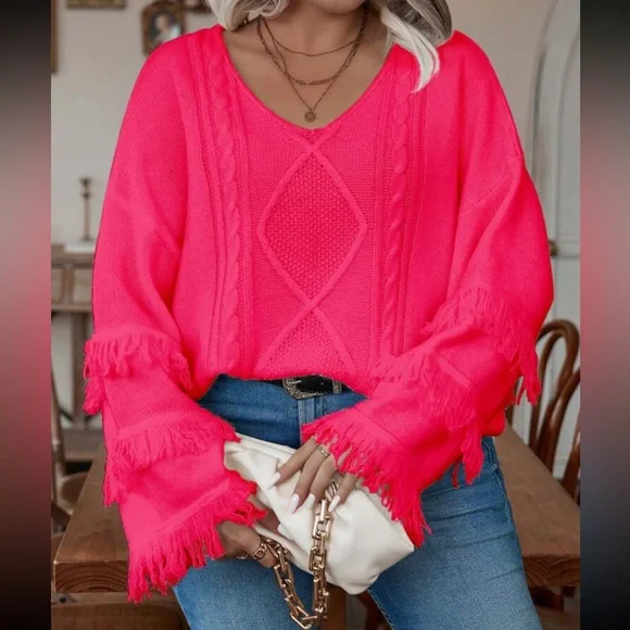 Plus size cozy fringe detail cable knit sweater top